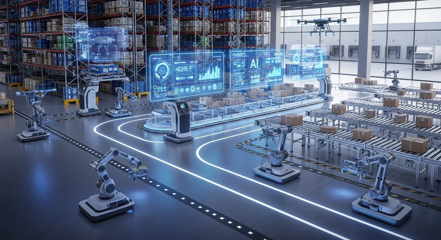 Magazzino automatizzato con robot AGV e sistemi di picking intelligente per logistica Industry 4.0
