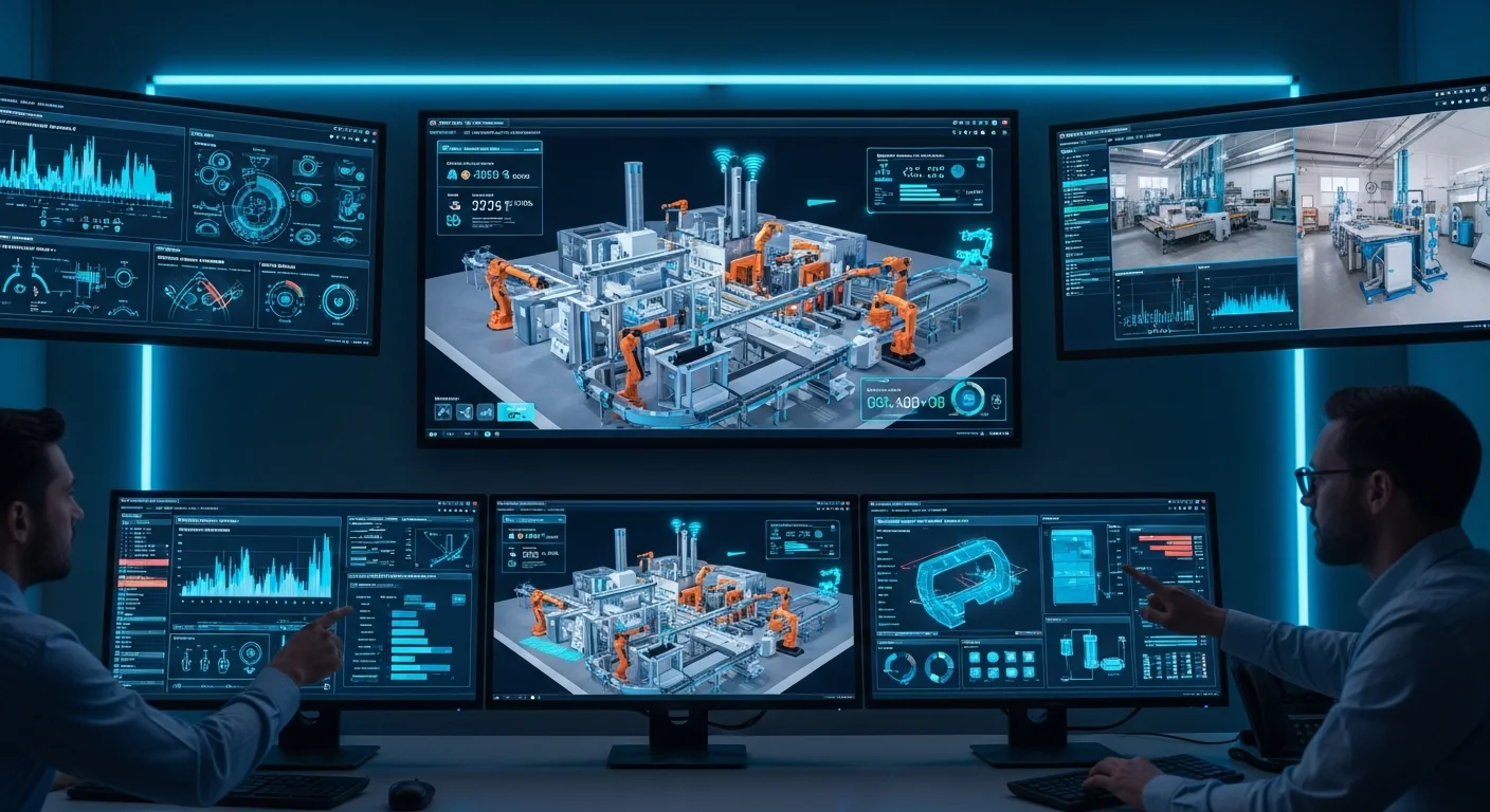 Digital twin factory visualization con gemello digitale per simulazione processi produttivi e ottimizzazione