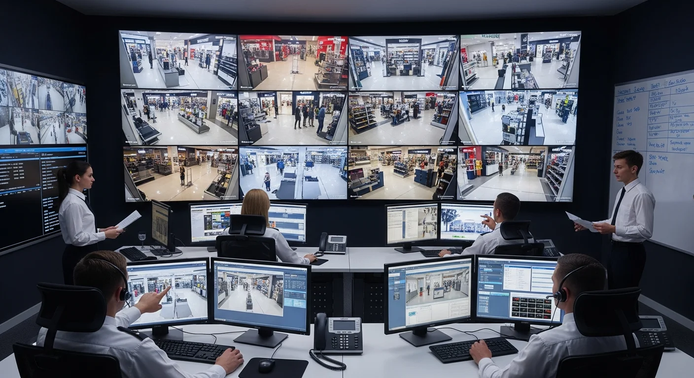 Centro sicurezza centro commerciale con piattaforma VMS Milestone e analisi comportamentale AI