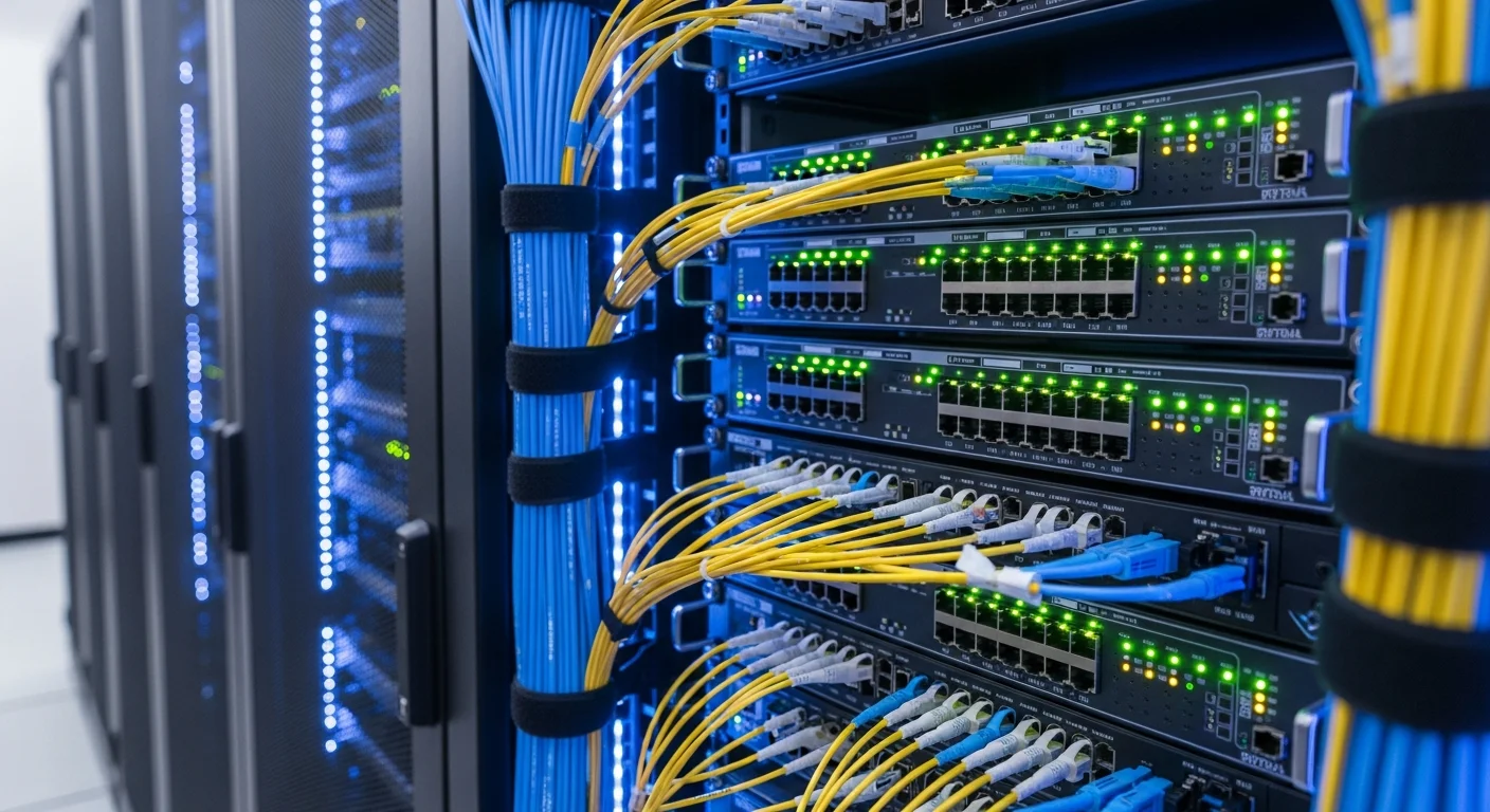 Infrastruttura di rete professionale con server rack, fibra ottica e apparati networking enterprise - Data center e switching per reti aziendali