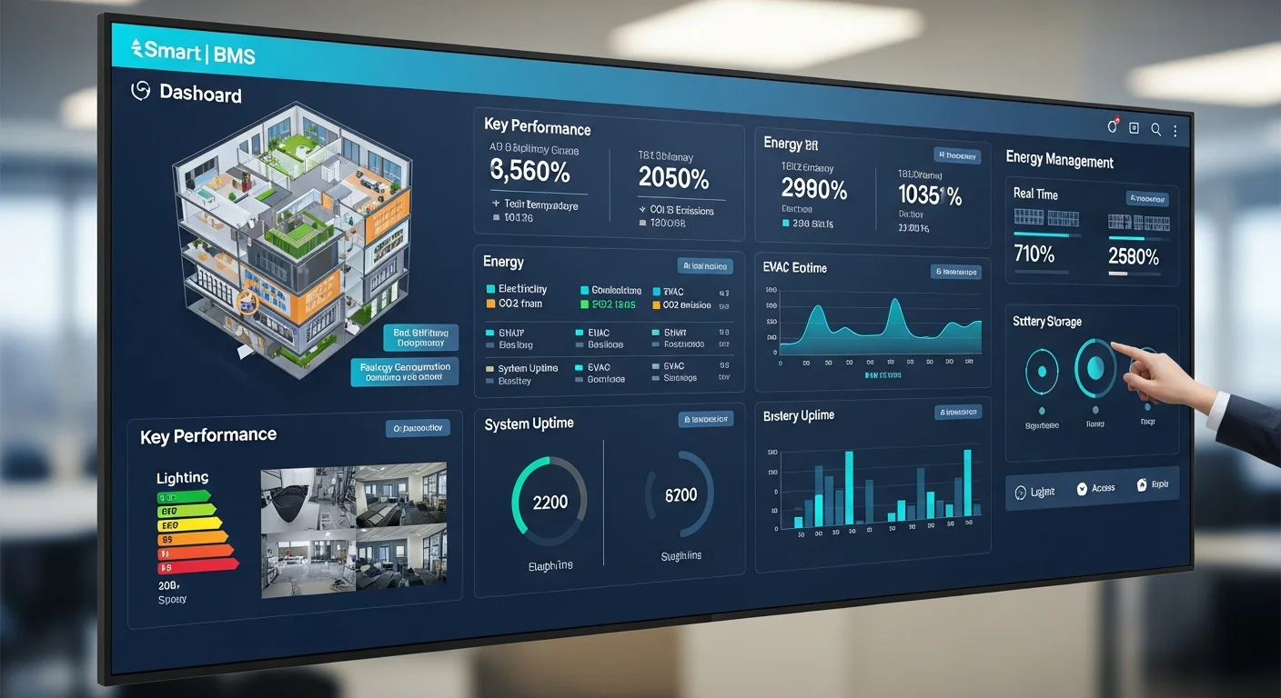 Dashboard smart building management per controllo HVAC, illuminazione, sicurezza e energy management