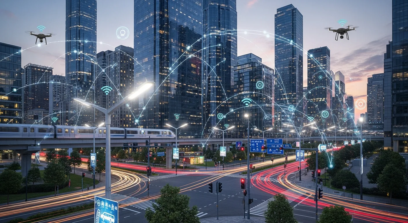 Infrastruttura smart city con IoT sensors, illuminazione intelligente e gestione traffico urbano