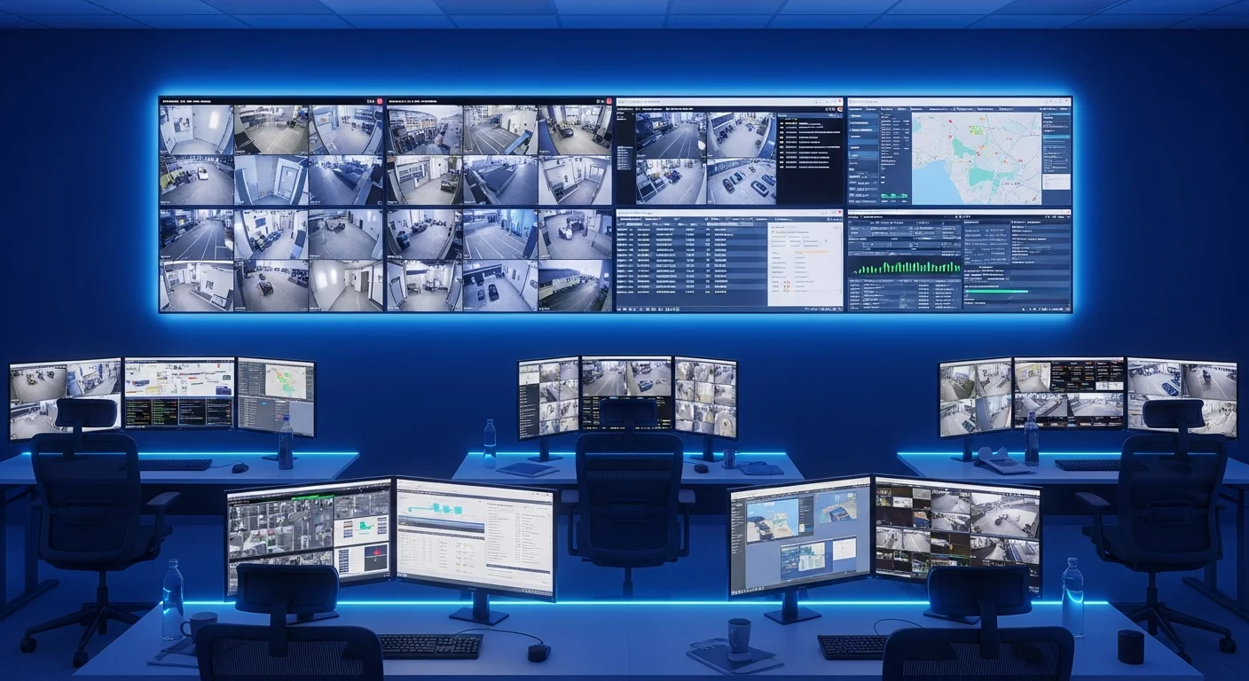 Control room VMS professionale con sistema multi-monitor per gestione centralizzata videosorveglianza e sicurezza enterprise