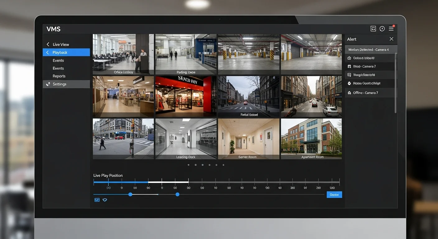 Dashboard interfaccia software Milestone XProtect con live view telecamere e analisi video intelligente