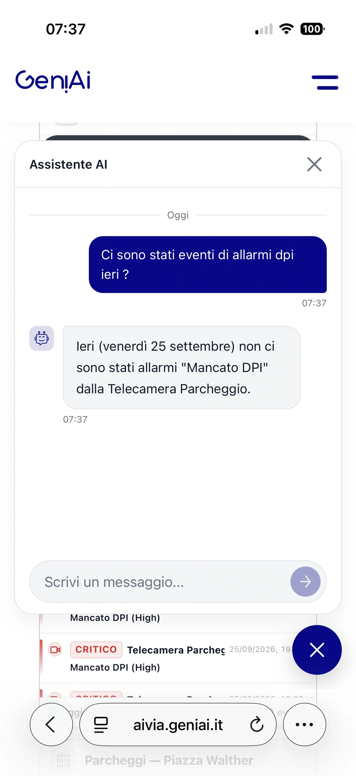 Esempio di schermata chat T-Vigilo