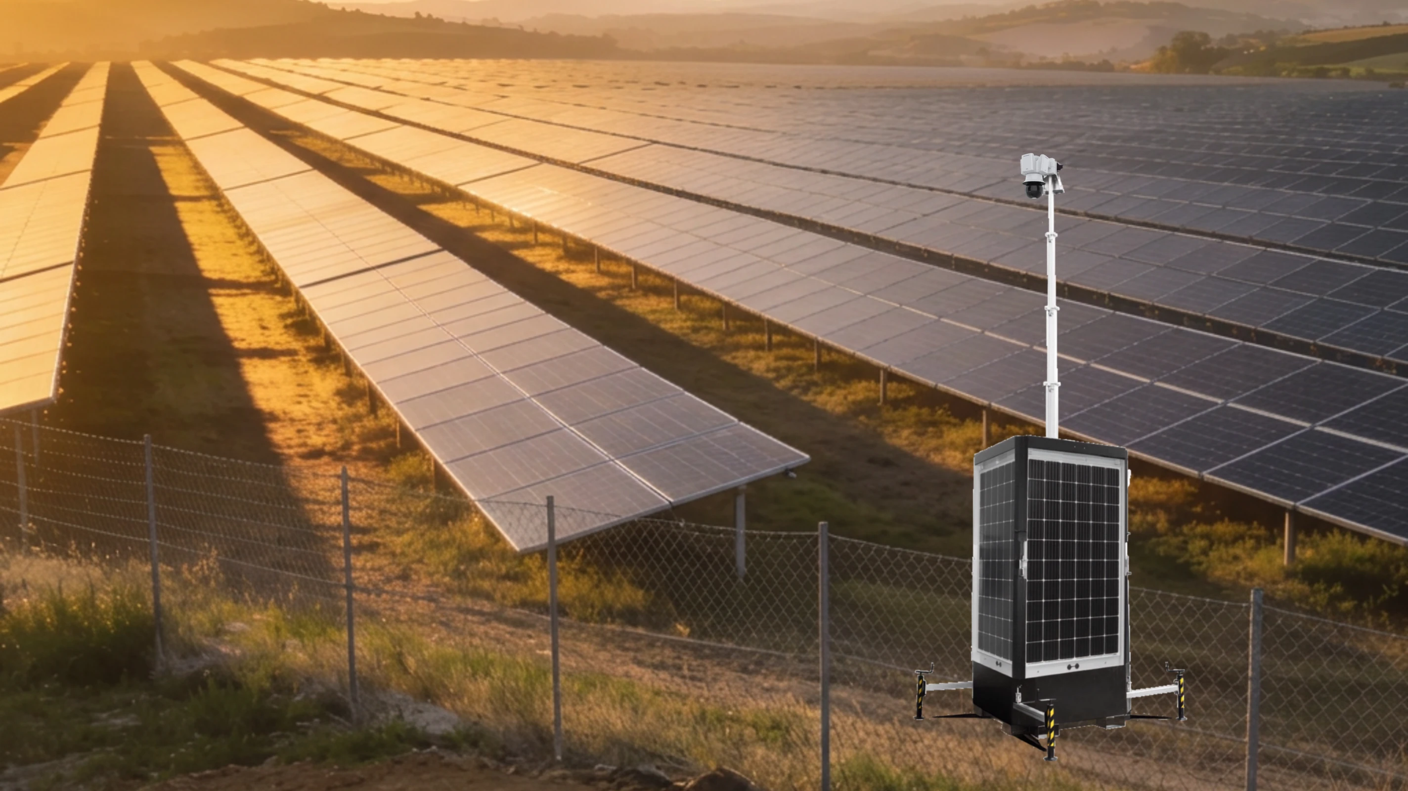 Visual illustrativo di un parco fotovoltaico al tramonto