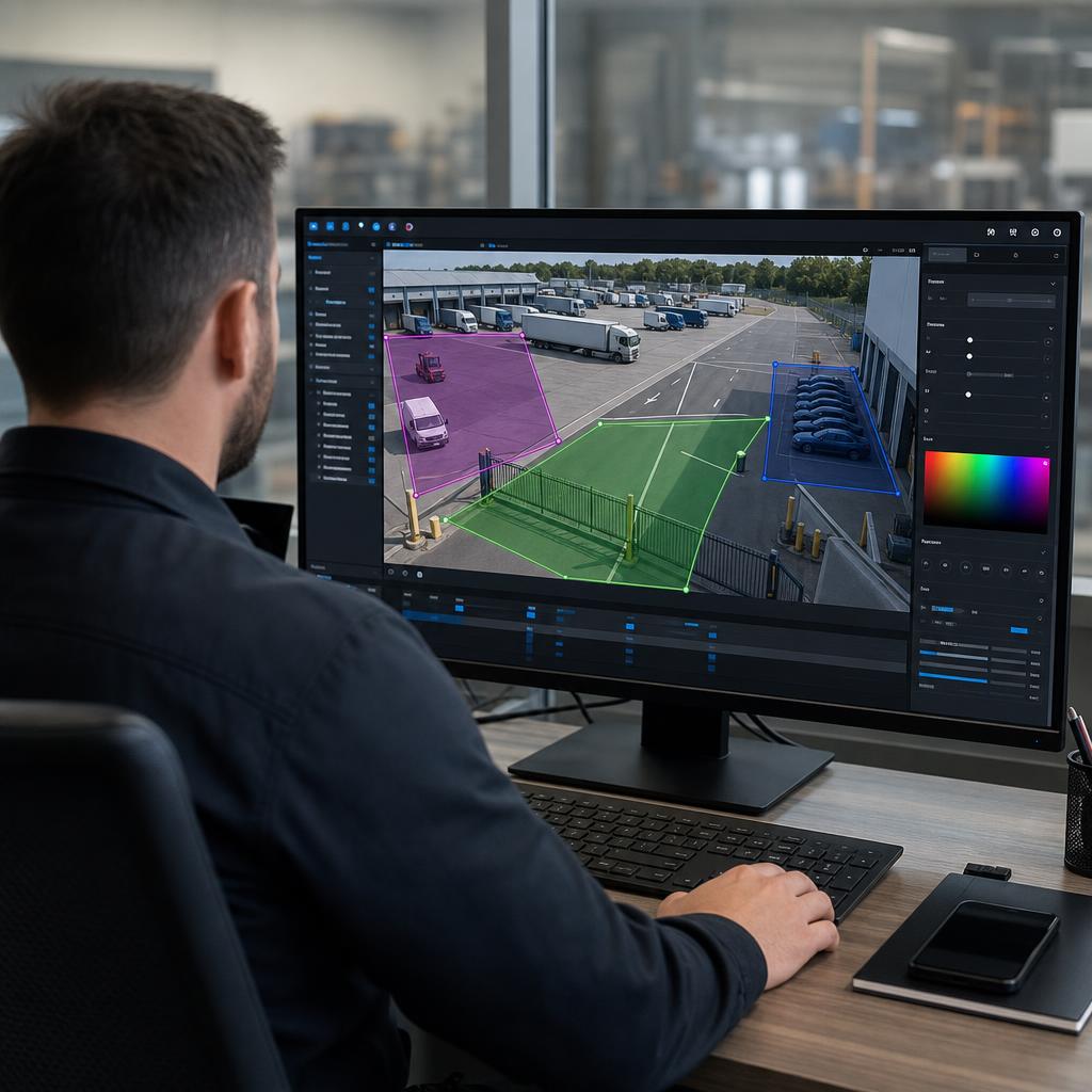 Tecnico che configura sul monitor le aree di controllo di un piazzale logistico.