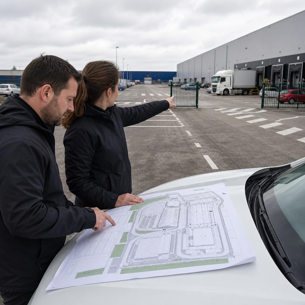Tecnici che mappano accessi, corsie e aree operative di un piazzale su una planimetria.